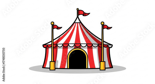 A vibrant illustration of a circus tent, complete with red and white stripes, flags, and a classic big top design