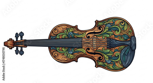 Ornate violin with intricate floral carvings, rich colors, and a vintage aesthetic, a timeless instrument of musical expression