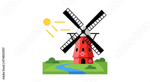 Charming windmill landscape with a bright sun, , ideal for illustrating sustainable energy, rural scenes, and dutch culture themes