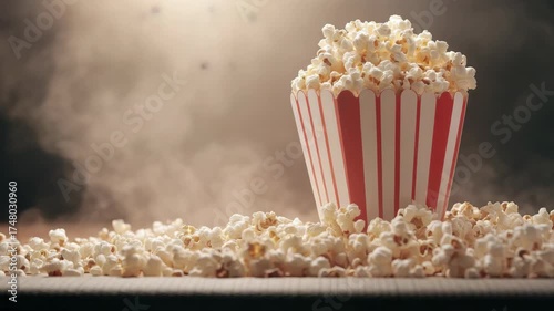 Fresh popcorn overflowing from striped pink bucket, steaming under warm light