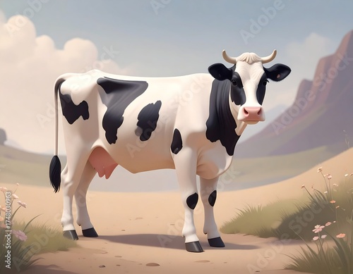 A stylized cow in a sunlit landscape
