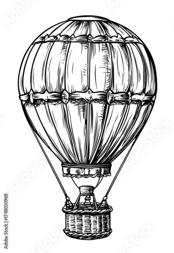 In black and white, a silhouette of a hot air balloon and its basket is presented, evoking feelings of adventure and travel