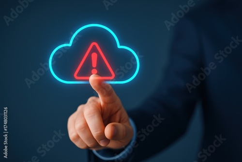 Alert Icon in Cloud with Warning Symbol and Businessman Finger Touching Digital Interface Concept