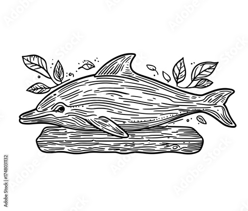 A dolphin's elegant and iconic silhouette is on full display in a black and white illustration of it jumping out of the water