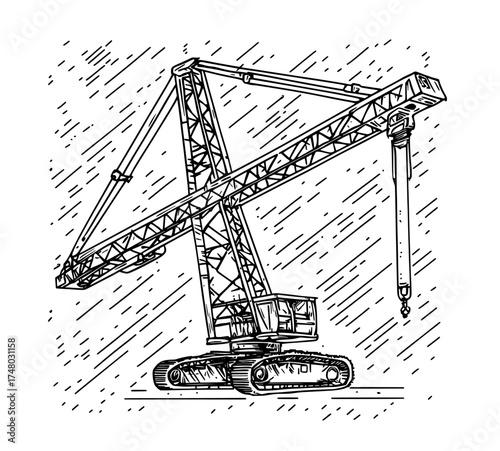 A construction crane's silhouette featuring a hook in black and white illustration