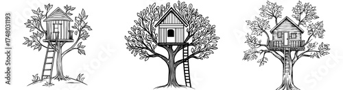 The image depicts a treehouse in silhouette, with a ladder and surrounded by birds and branches in a black and white color scheme