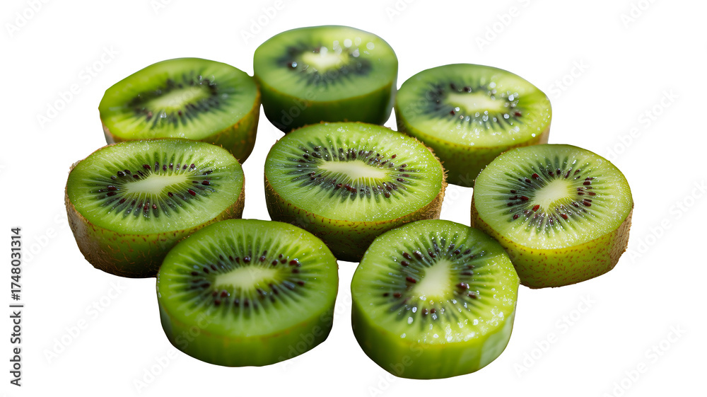 Fototapeta premium Fresh kiwi fruit slices arranged in a circle, vibrant green and healthy, perfect for food photography and healthy eating concepts