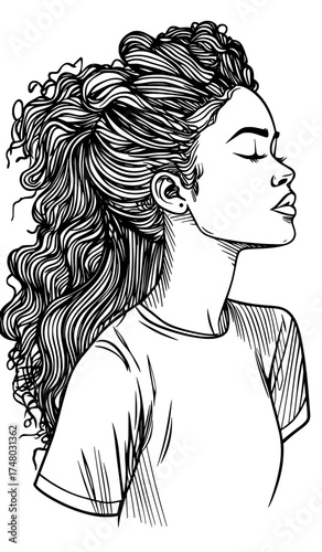 The curly locks of a woman in profile create a stunning silhouette that epitomizes artistic design and pure elegance