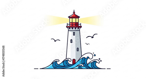 A charming lighthouse stands tall amidst crashing waves, guiding ships safely, , a beacon of hope and navigation