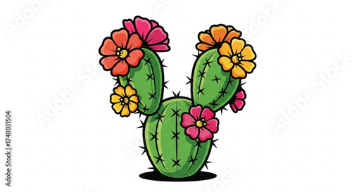 Illustration of a flowering cactus the cactus is green and has pink, red, and yellow flowers growing out of it desert plant