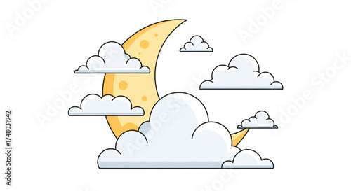 Illustration of a crescent moon with clouds, night sky scene with moon and cloud celestial and dreamy design