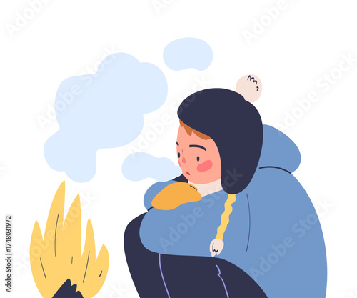 Freezing Woman Character Wearing Warm Clothes Trembling Feeling Cold at Fire Vector Illustration