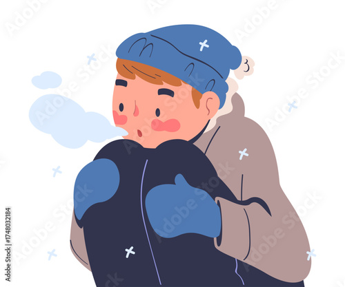 Freezing Man Character Wearing Warm Clothes Trembling Feeling Cold Vector Illustration