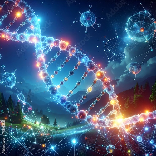 Glowing DNA helix over a night landscape, surrounded by glowing molecules