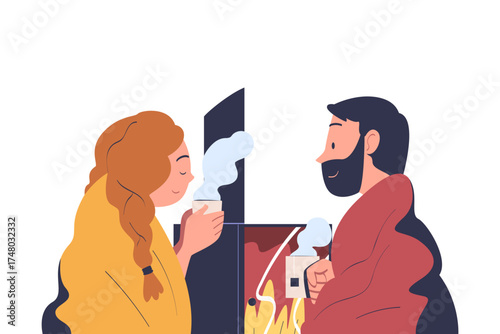 Freezing Man and Woman Character Drink Hot Tea at Fireplace Wearing Warm Clothes Vector Illustration