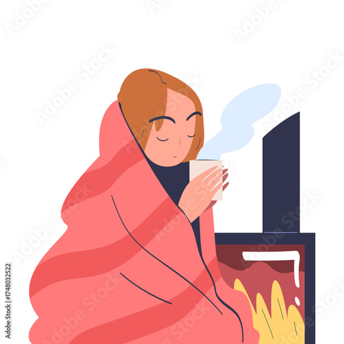 Freezing Woman Character Drink Hot Tea at Fireplace Wearing Warm Clothes Vector Illustration