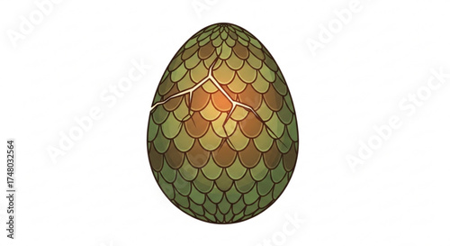 A cracked dragon egg with green and brown scales, , symbolizing new beginnings, fantasy, and the anticipation of hatching