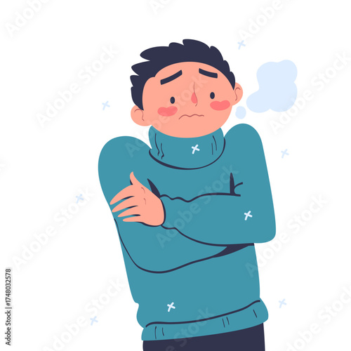 Freezing Man Character Wearing Warm Clothes Trembling Feeling Cold Vector Illustration