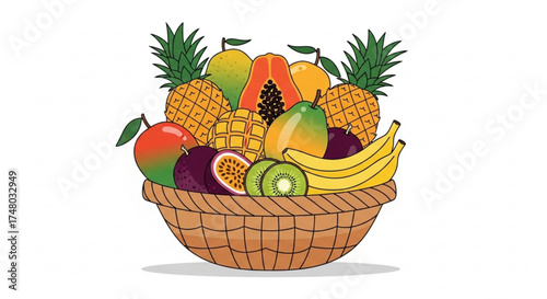 A vibrant vector illustration of a basket overflowing with an assortment of tropical fruit, , showcasing natures colorful bounty