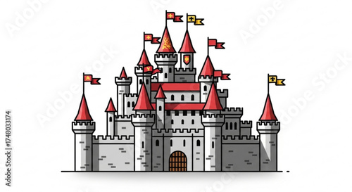 Illustration of a majestic castle with red roofs and colorful flags, , evoking a sense of fairytale and medieval charm