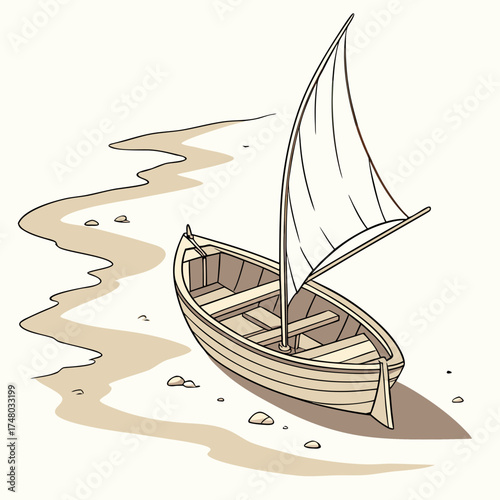 A simple wooden sailboat rests on a sandy shore with gentle waves lapping at the beach
