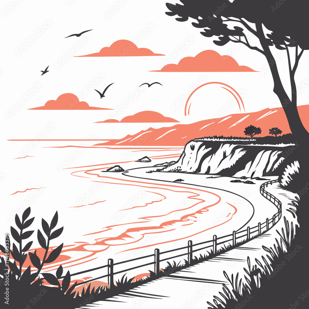 Obraz premium Coastal cliffside path with ocean waves birds and a stylized sunset in coral and gray