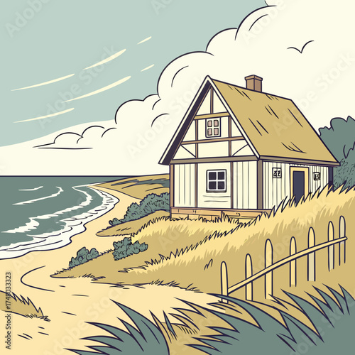 Charming cottage with a thatched roof nestled on a sandy beach overlooking the ocean waves