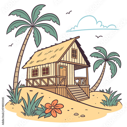 Charming thatched roof bungalow nestled between palm trees on a sandy beach with a flower
