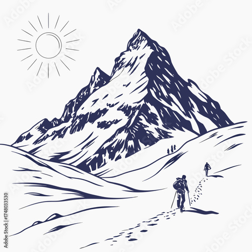 Hikers ascend a snowy mountain path under a bright sun in a minimalist blue line art illustration