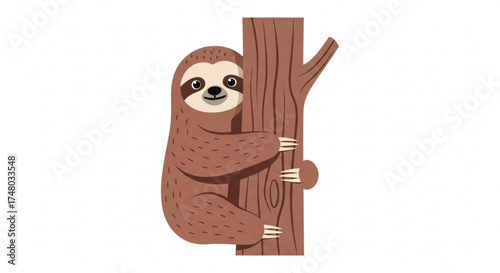 A delightful cartoon illustration of a brown sloth clinging to a tree trunk, , showcasing its slow and gentle nature in a charming way
