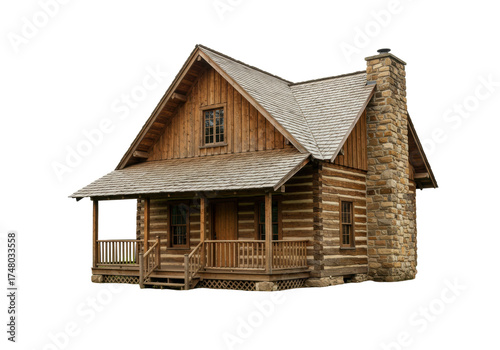 Cuadro en lienzo Isolated country log cabin architecture exterior on an overcast day with a stone