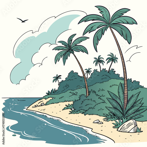 Idyllic tropical island paradise with palm trees lush green vegetation sandy beach and ocean waves under a cloudy sky with a bird flying