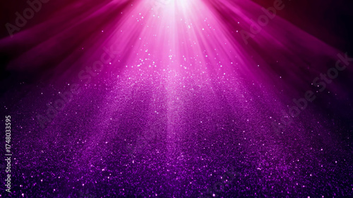 Dynamic shimmering purple and pink glitter background with luminous light rays casting magical, festive glow from above, perfect for celebrations and luxury themes