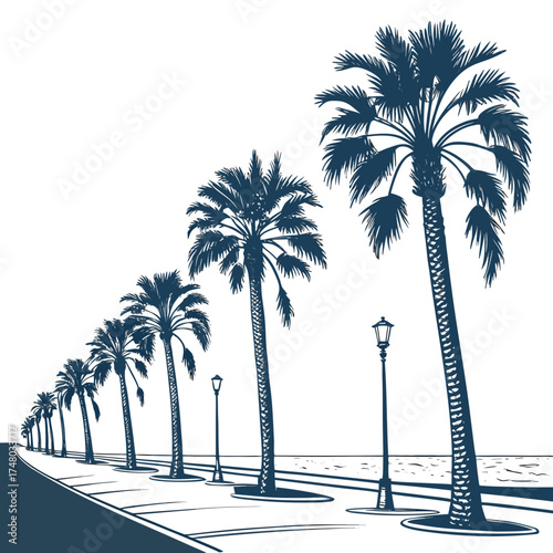 Row of silhouetted palm trees lining a coastal road with lampposts and ocean view
