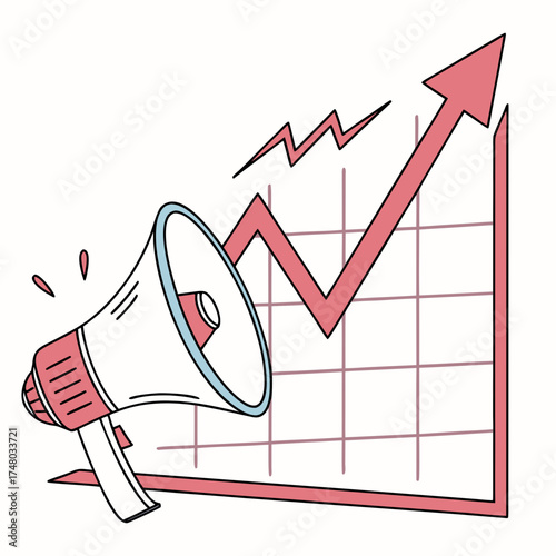 Megaphone announcing upward trend on a graph representing business growth and marketing success