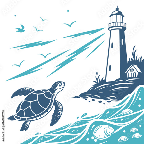 Sea turtle swims towards lighthouse guiding light over ocean waves with seagulls flying above