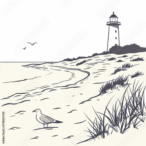 Seagull on sandy beach with lighthouse and flying birds overlooking the ocean waves
