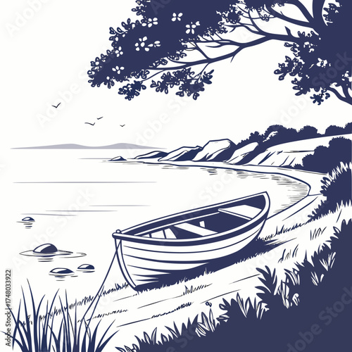 Serene lakeside scene with a rowboat tied to shore under a blooming tree