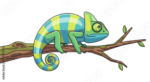 A vibrant chameleon, perched gracefully on a branch, showcasing its unique color and adaptation to its natural habitat