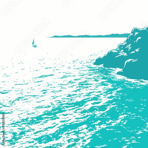 Serene teal ocean waves crash against rocky shoreline with distant island and sailboat