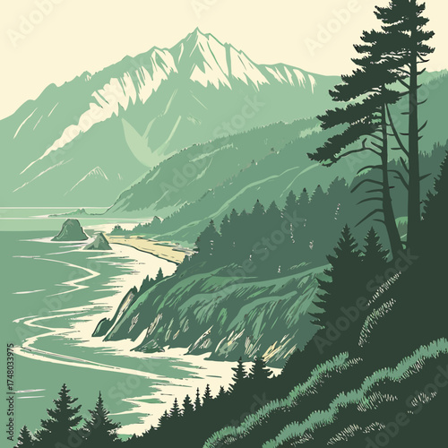 Serene pacific northwest coastline with snow capped mountains and lush evergreen forests