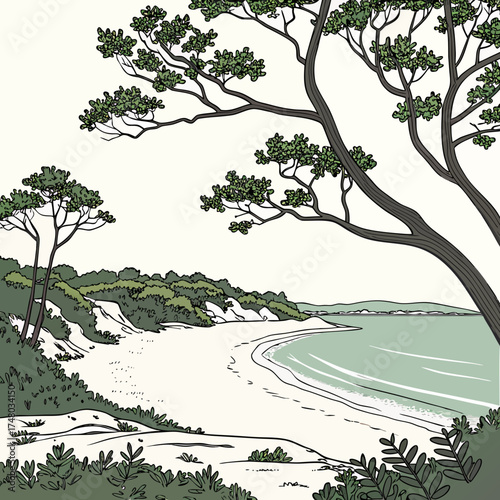 Stylized illustration of a serene coastal landscape with sandy beach and pine trees overlooking the ocean
