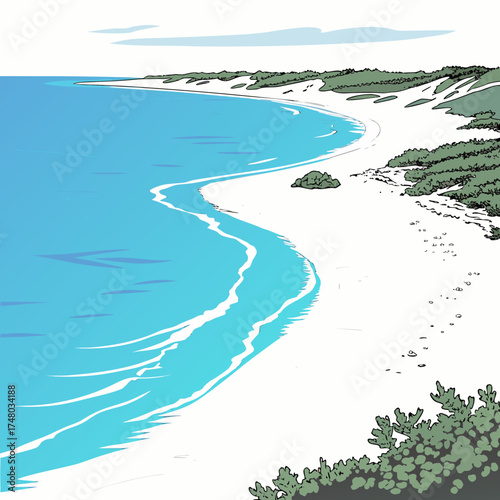 Stylized illustration of a serene tropical beach with gentle turquoise waves lapping on white sand