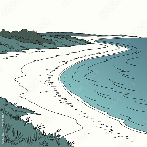 Stylized illustration of a winding sandy beach with footprints leading towards the ocean and distant green hills
