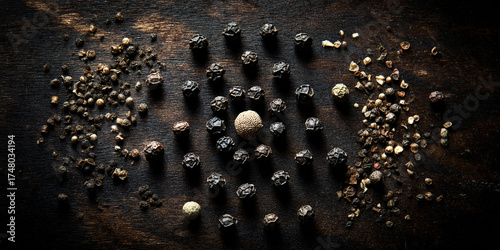 Various black peppercorns scattered on dark wooden background - AI generated