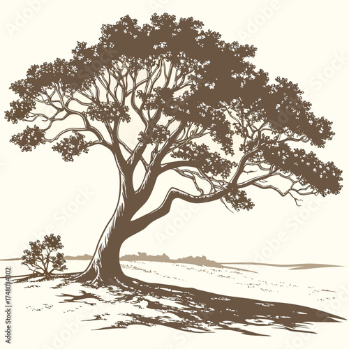 Stylized silhouette of a large majestic tree with spreading branches and a small bush in a minimalist landscape