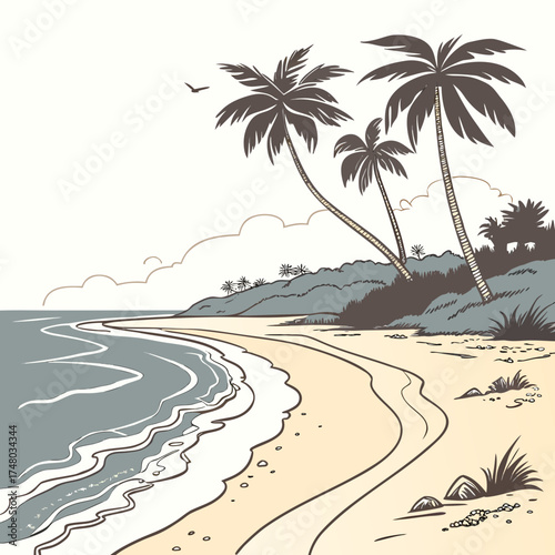 Tropical beach scene with palm trees rolling waves and a sandy shore under a cloudy sky
