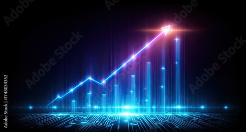Glowing blue bars and upward arrow over a circuit board pattern against a dark backdrop