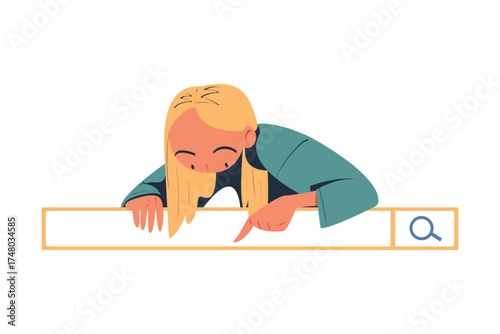 Woman Character Looking for Information in Search Field Bar Vector Illustration