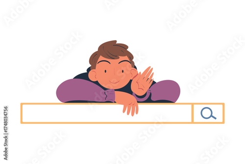Man Character Looking for Information in Search Field Bar Vector Illustration
